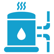 Blue boiler and pipes icon on black background.