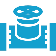 Blue valve graphic on black background.