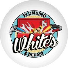 Plumbing repair logo with toolbox and tools.