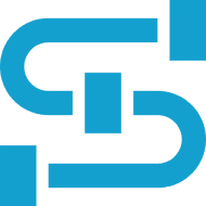 Abstract blue geometric logo on black background.